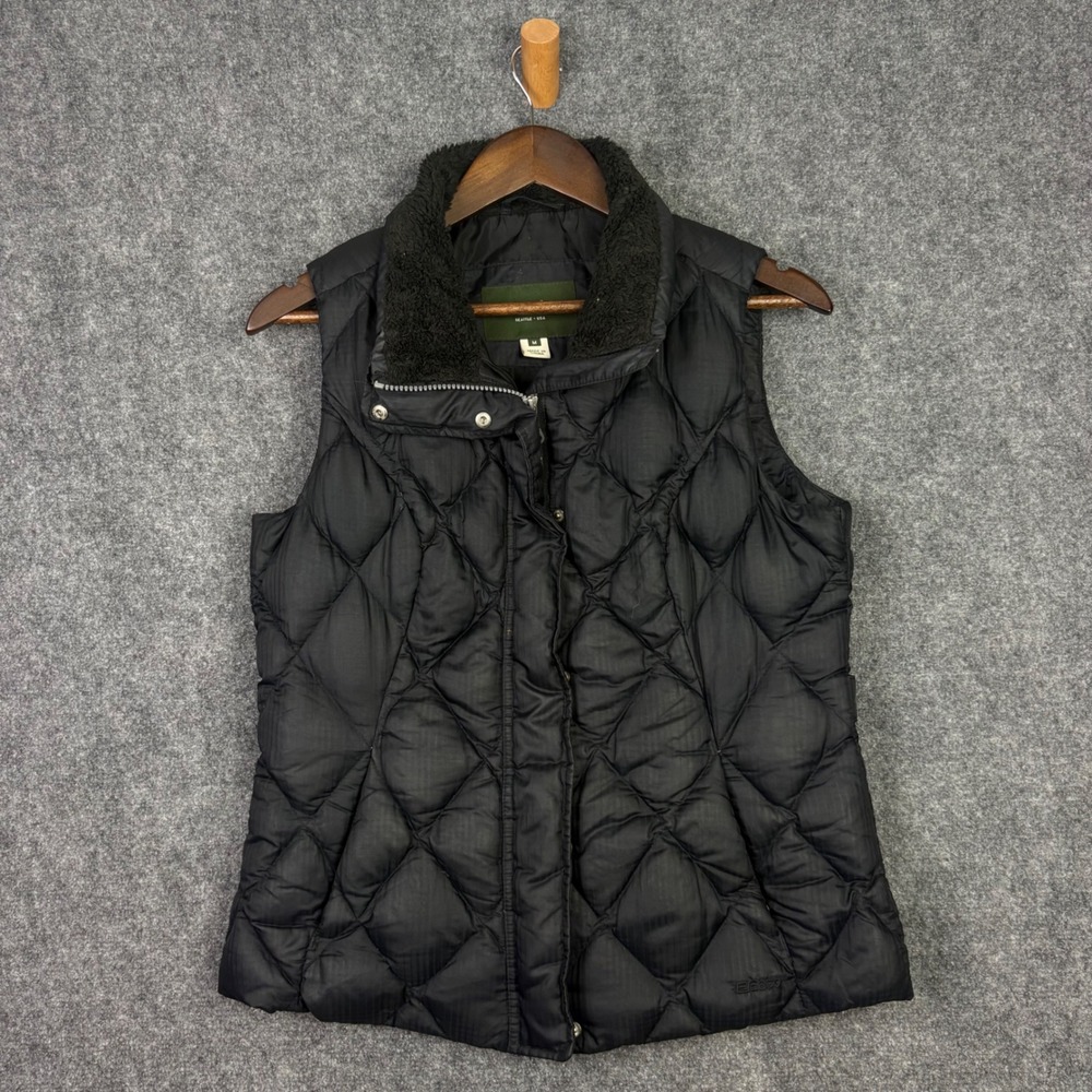Eddie Bauer Puffer Vest Womens M Black 650 Down Quilted Fleece Collar Outdoor